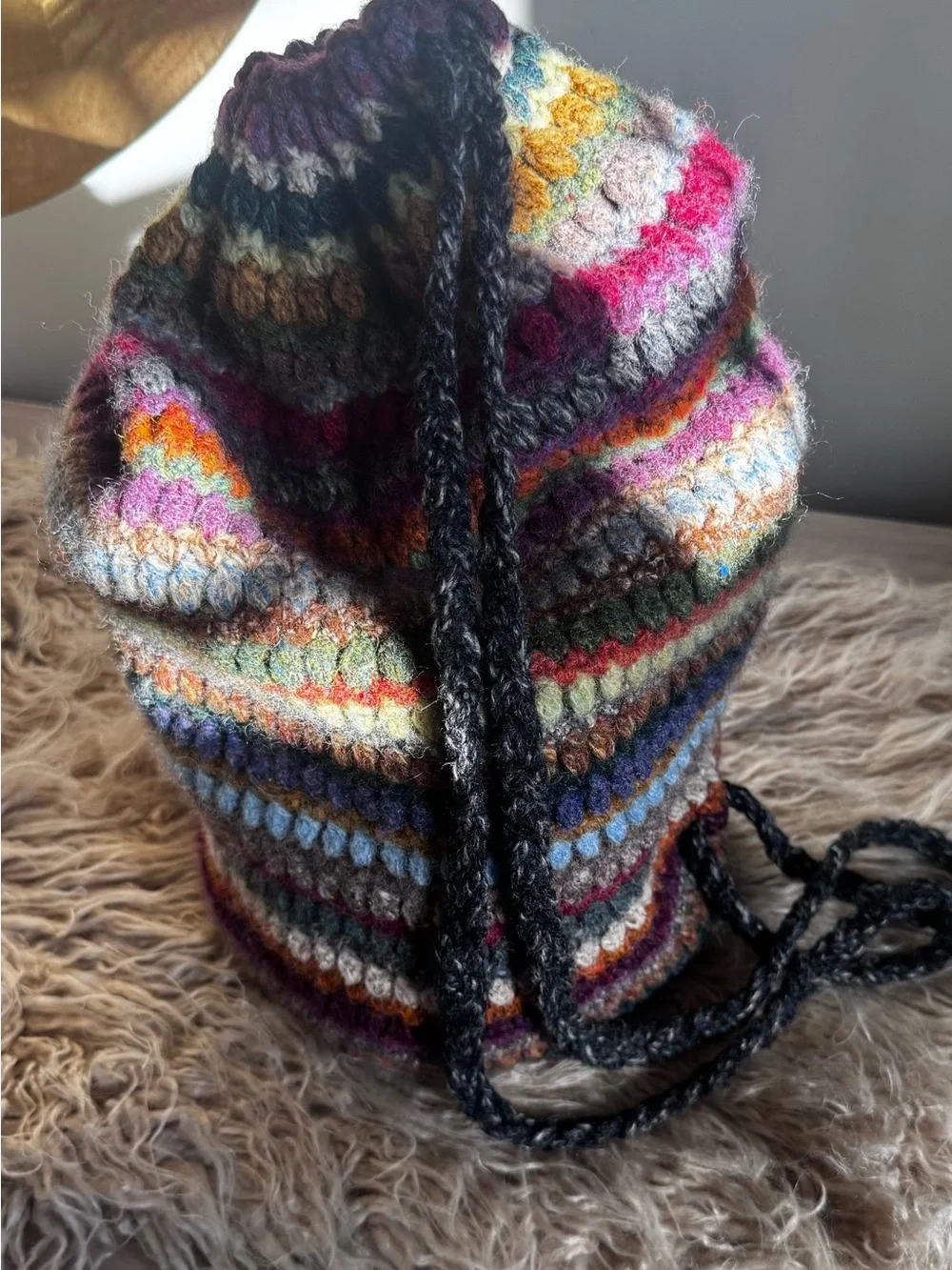 Susan Martin for Garnet Hill 100% Wool Crochet Bucket Shoulder Bag Boho
